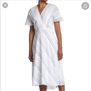 Sandra Darren White & Blue Stripe Cotton Surplice Midi Dress Women’s Size 14